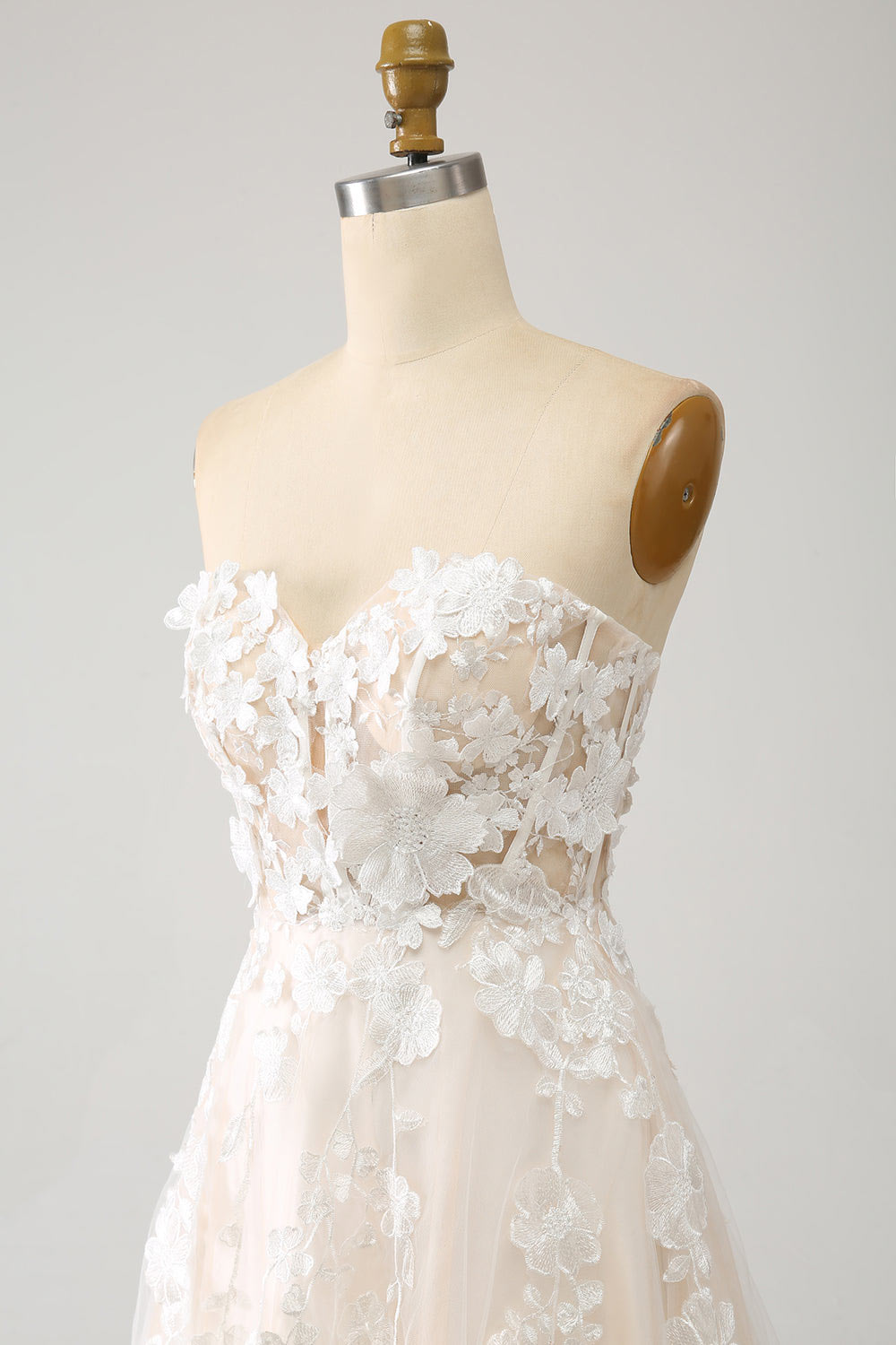 Light champagne floral embroidery wedding gown, strapless bridal dress, custom weddin gown