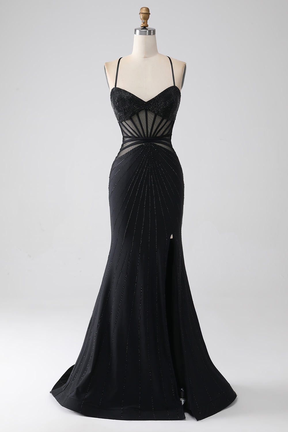 Black spaghetti straps pary dress, custom slit evening gown