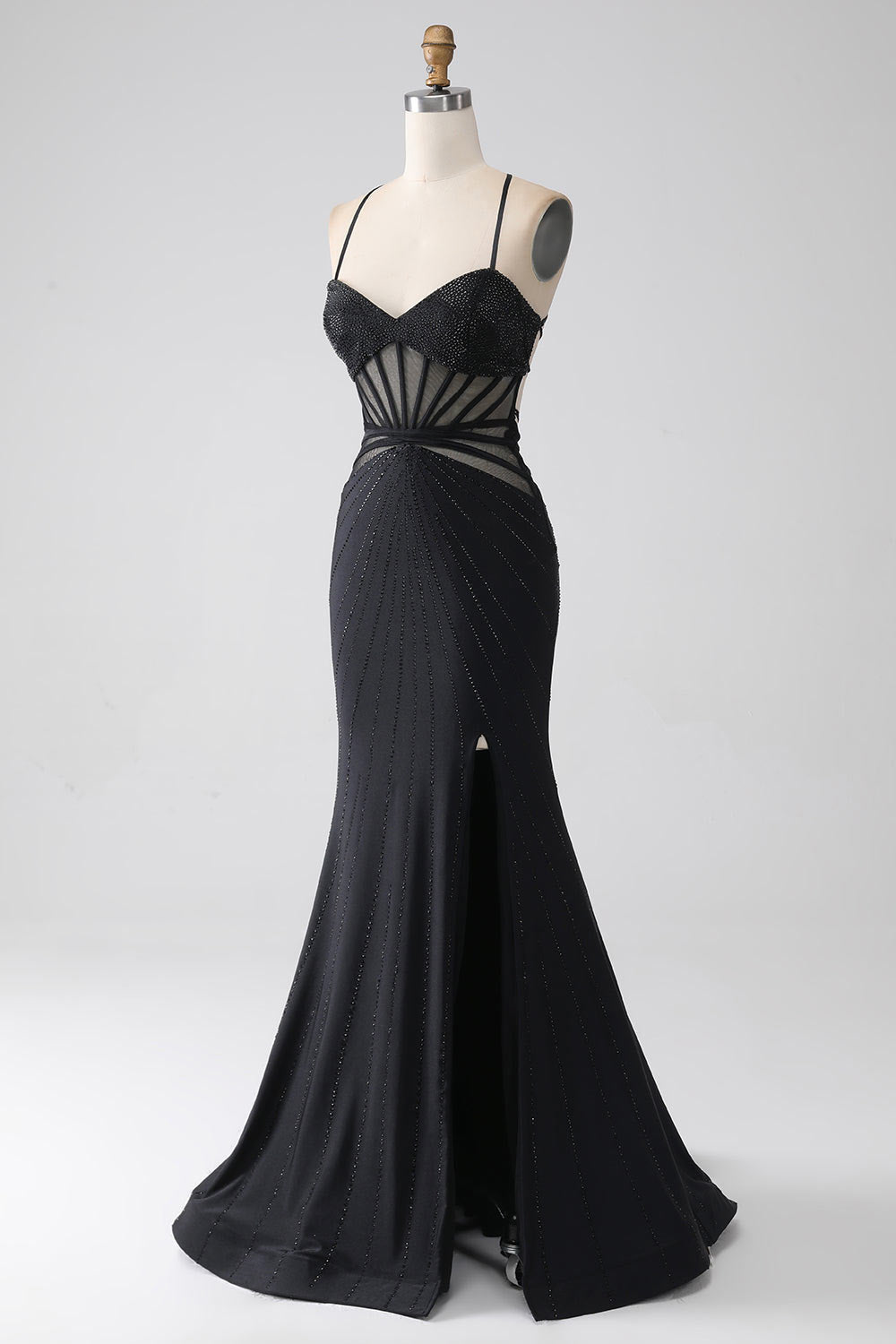 Black spaghetti straps pary dress, custom slit evening gown