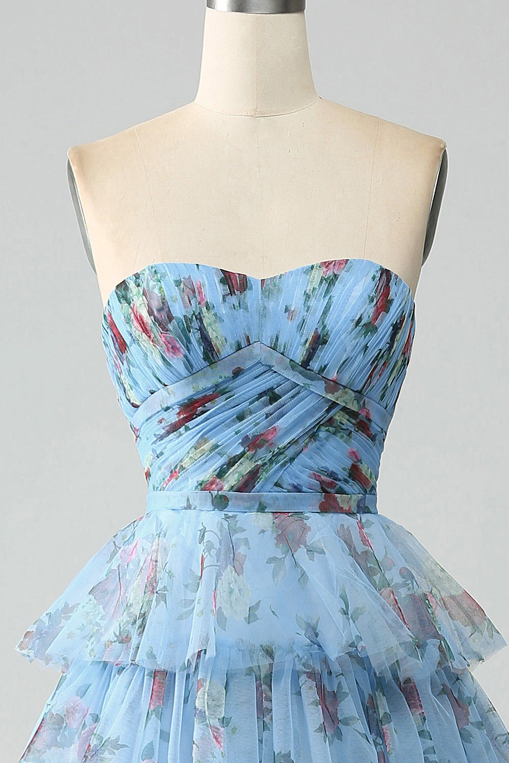 Printed flower chiffon dress party dress, custom strapless evening dress