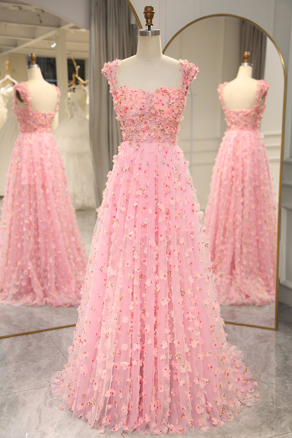 3D Embroidery floral pink party dress, off sholder prom dress, custom fariy prom dress