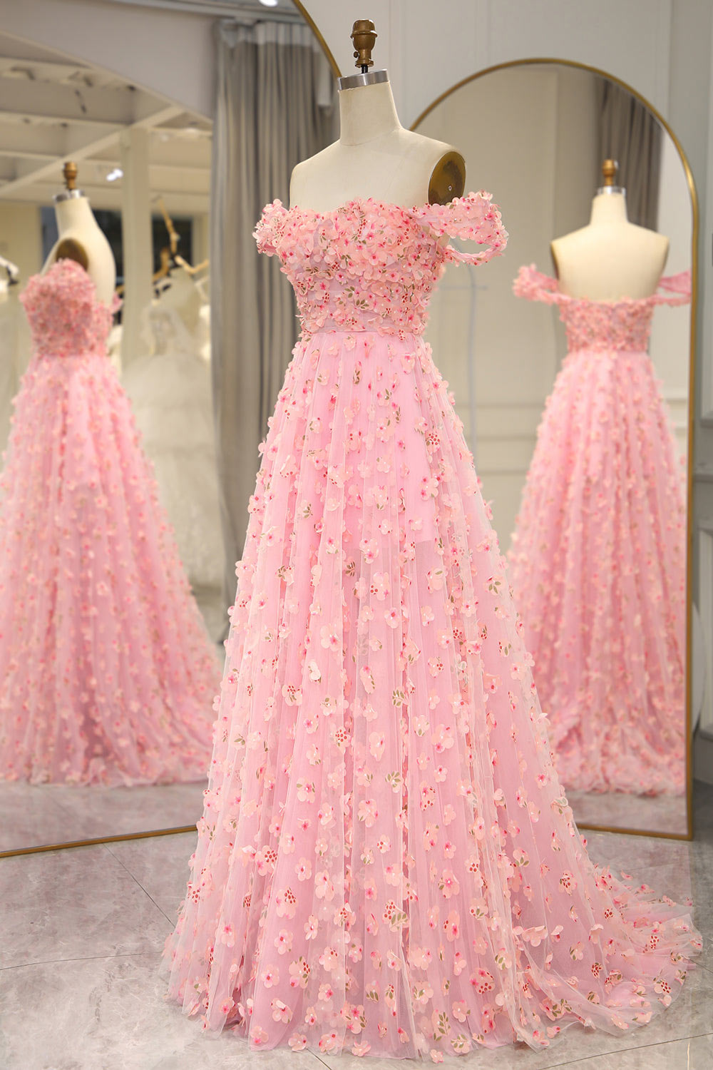 3D Embroidery floral pink party dress, off sholder prom dress, custom fariy prom dress