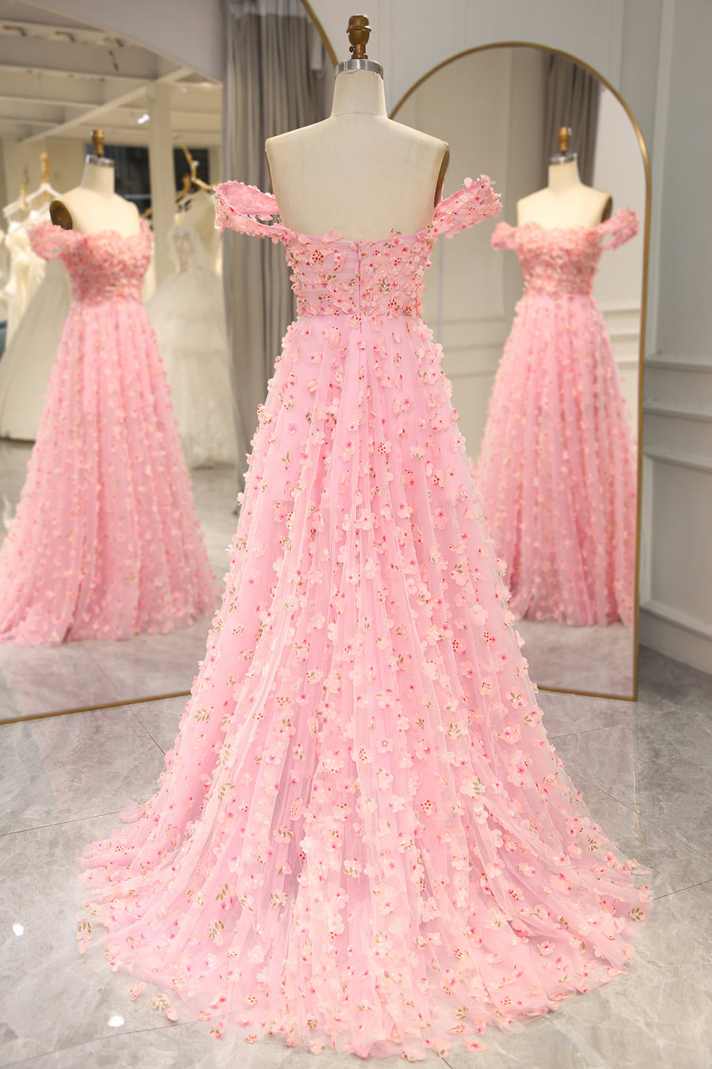 3D Embroidery floral pink party dress, off sholder prom dress, custom fariy prom dress