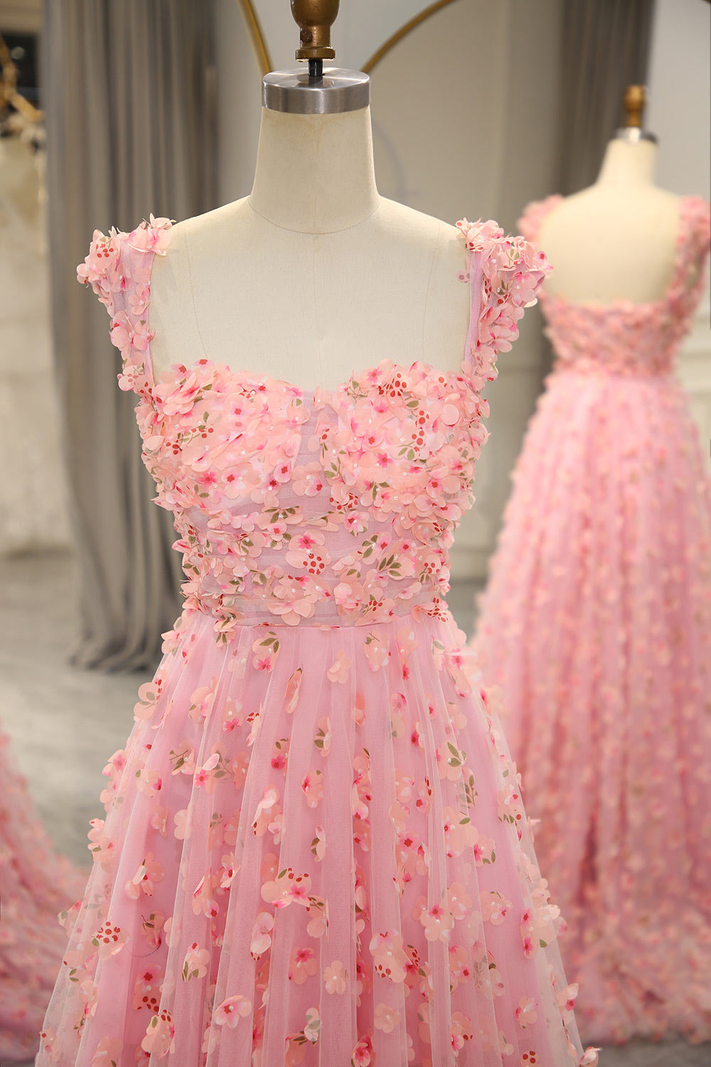 3D Embroidery floral pink party dress, off sholder prom dress, custom fariy prom dress