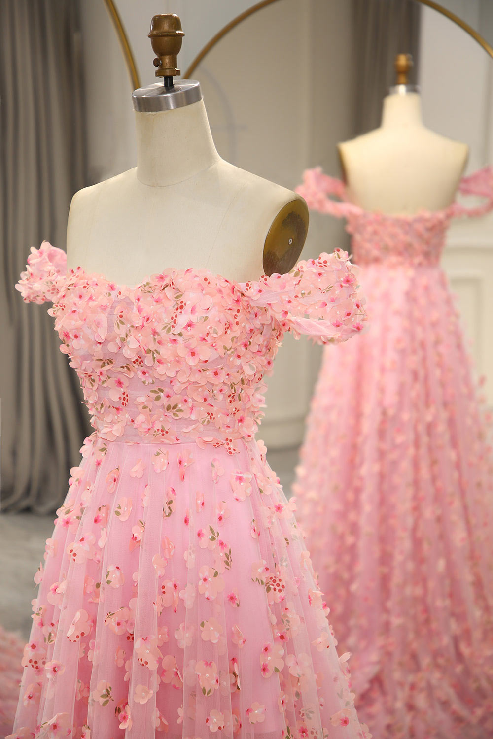 3D Embroidery floral pink party dress, off sholder prom dress, custom fariy prom dress