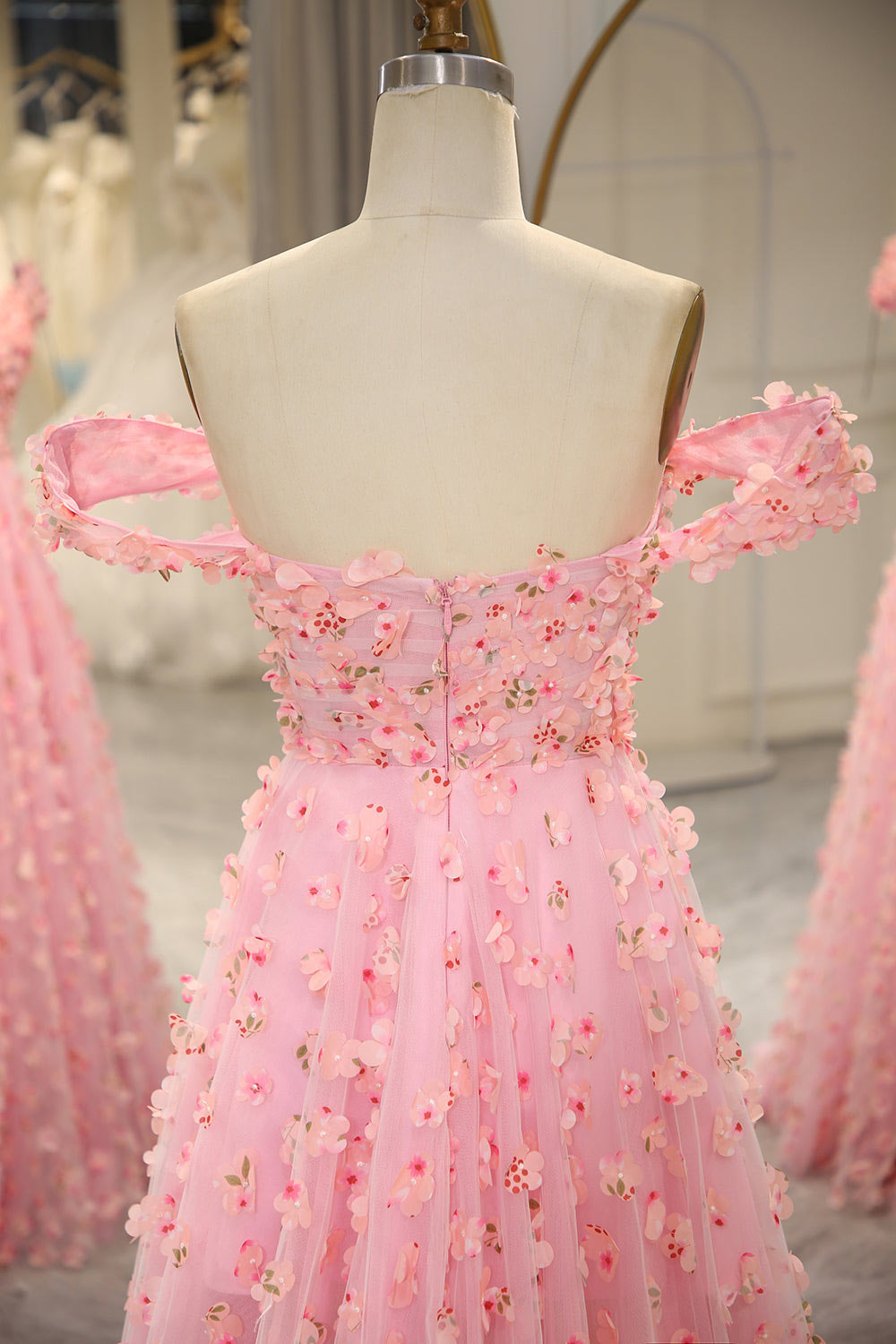 3D Embroidery floral pink party dress, off sholder prom dress, custom fariy prom dress