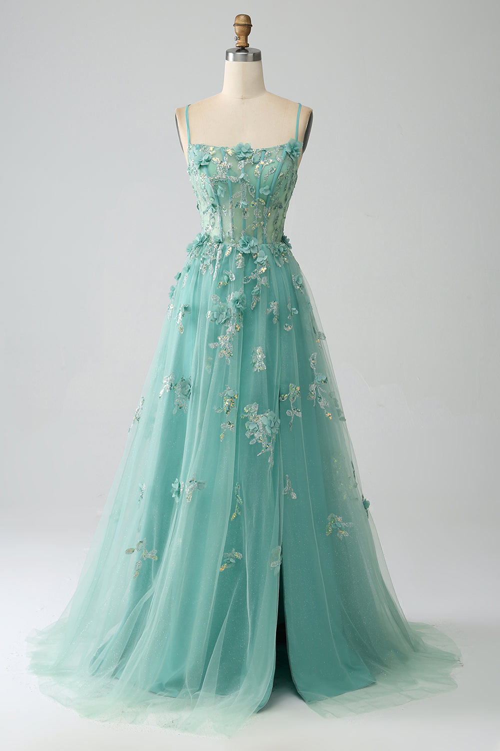 Flower embroidery prom dress, spaghetti straps green party dress, cusotm slit evening gown