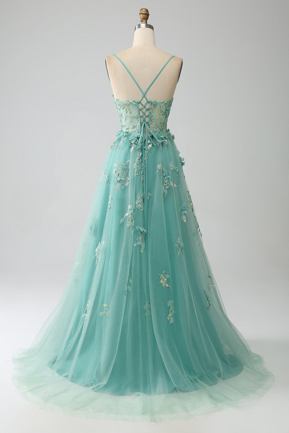 Flower embroidery prom dress, spaghetti straps green party dress, cusotm slit evening gown