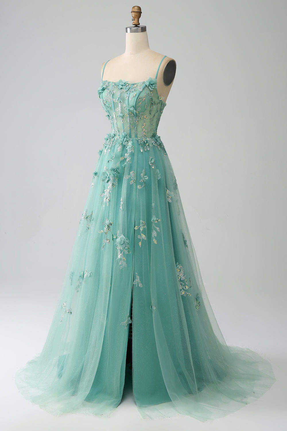 Flower embroidery prom dress, spaghetti straps green party dress, cusotm slit evening gown