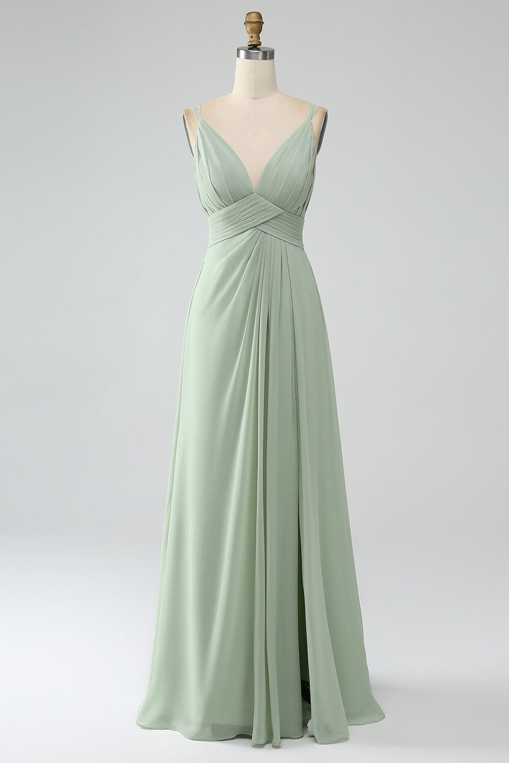 Spaghetti straps tulle long party dress, V neck evening gown, custom slit dusty green prom dress