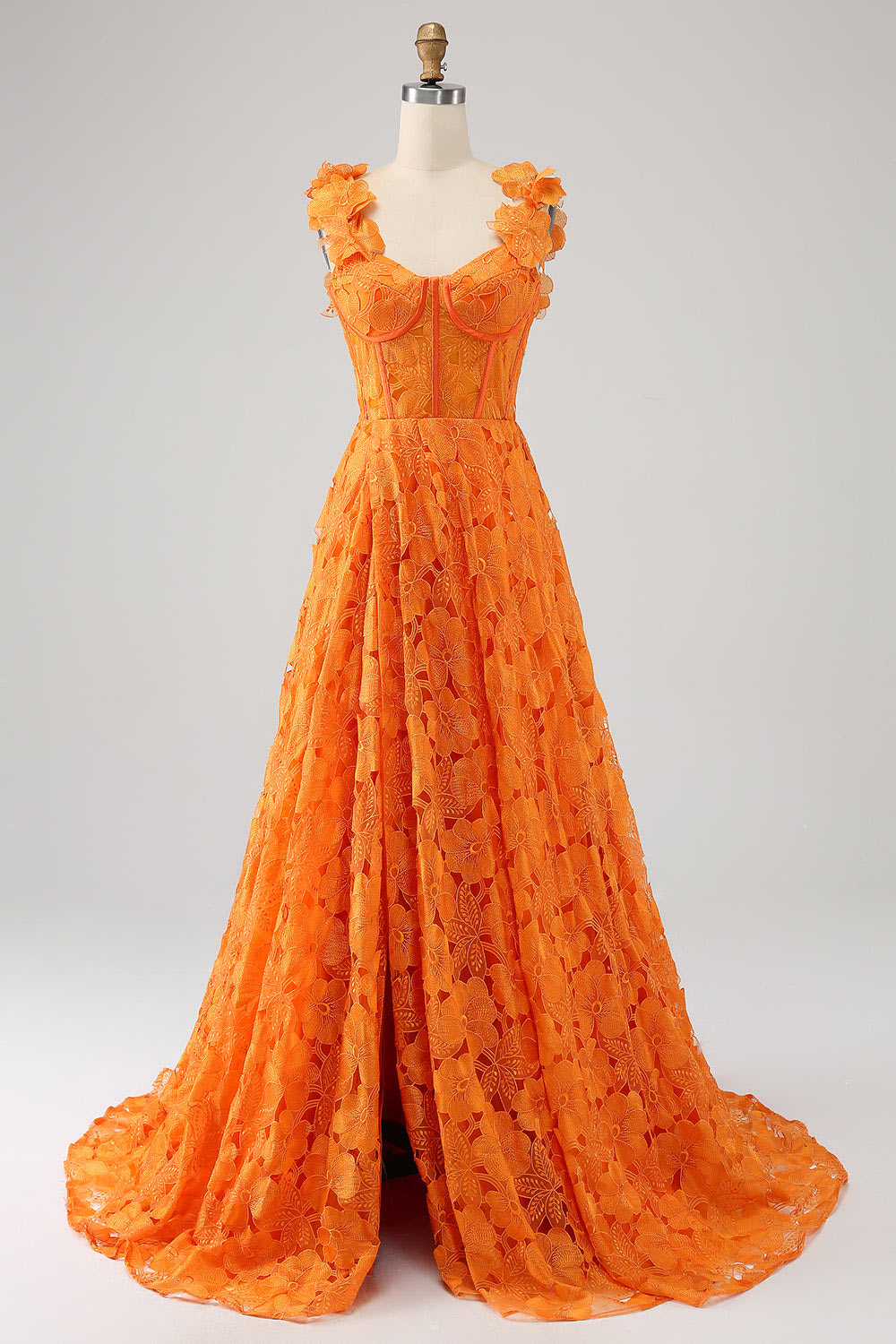 Long Orange Prom Dresses, Custom Embroidery Floral Evening Gown, Slit Party Dress