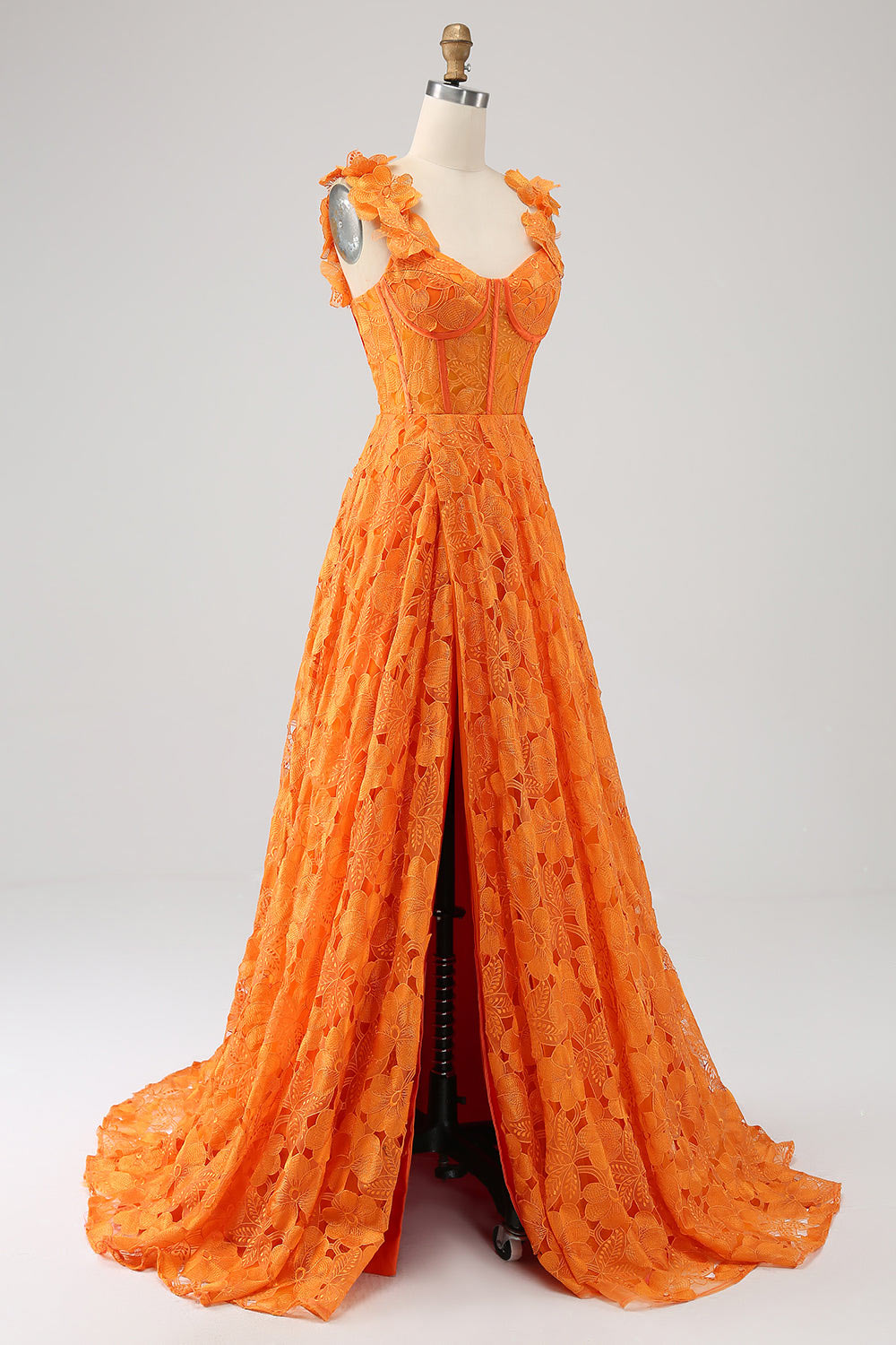 Long Orange Prom Dresses, Custom Embroidery Floral Evening Gown, Slit Party Dress