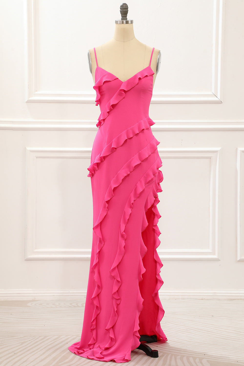 Pink slit prom dress, custom party dress, spaghetti straps evening dress