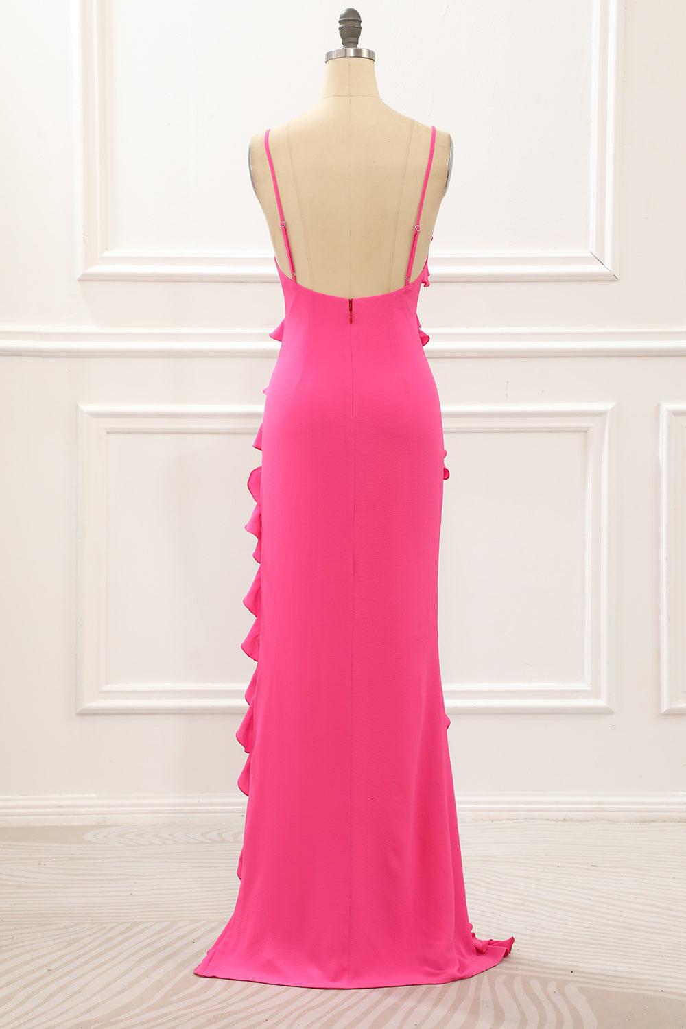 Pink slit prom dress, custom party dress, spaghetti straps evening dress