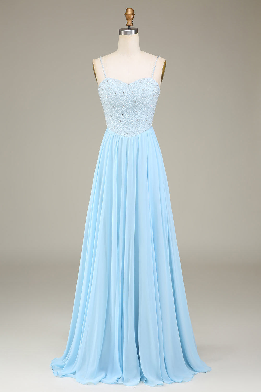 Spaghetti straps crystal party dress, custom sky blue tulle evening gown