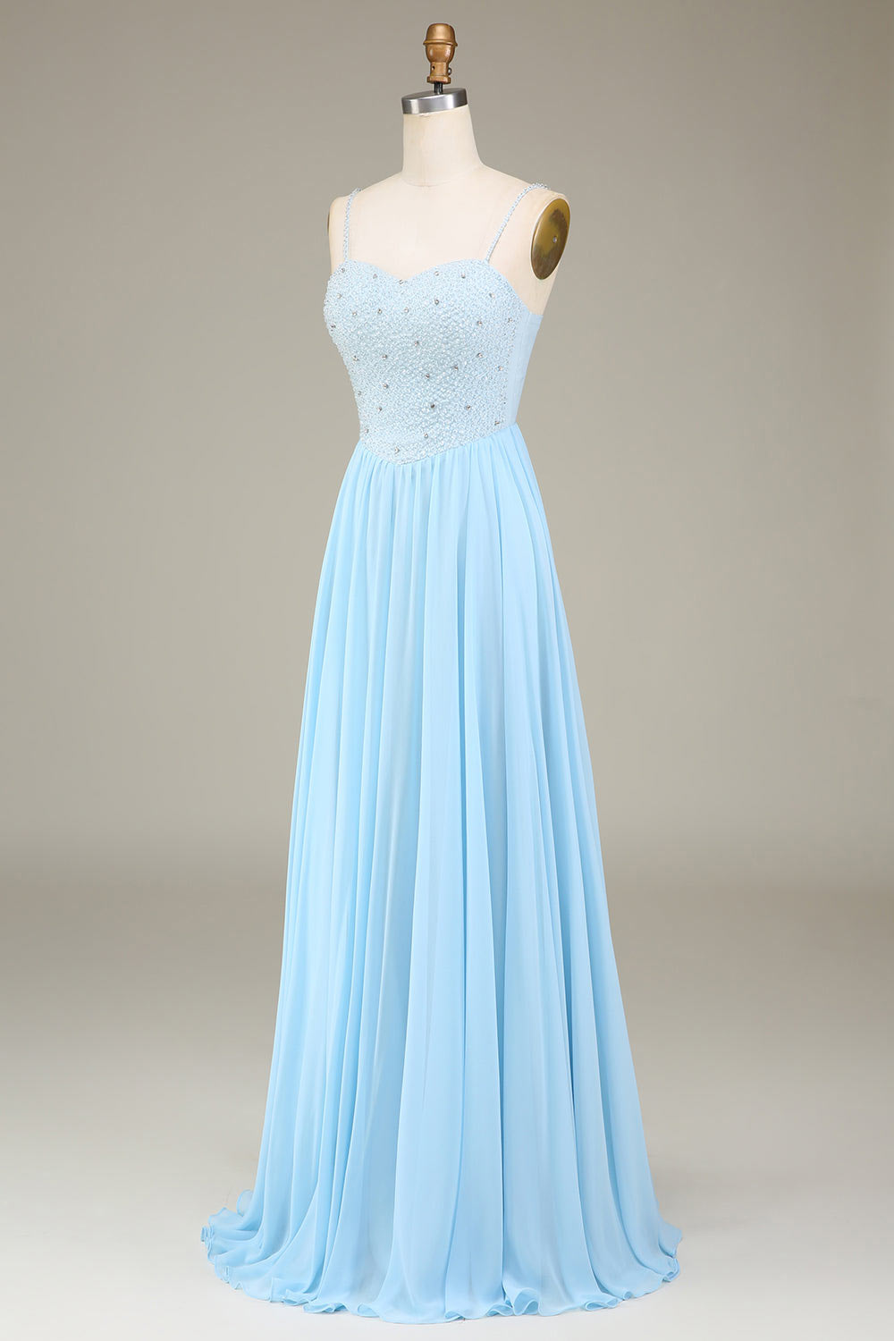 Spaghetti straps crystal party dress, custom sky blue tulle evening gown