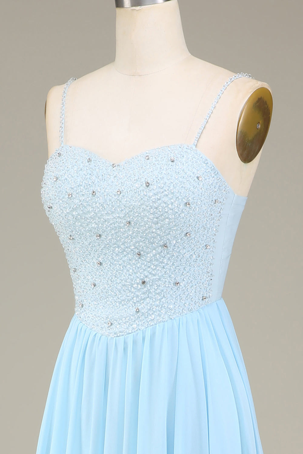 Spaghetti straps crystal party dress, custom sky blue tulle evening gown