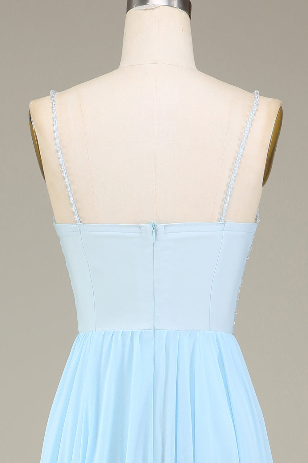 Spaghetti straps crystal party dress, custom sky blue tulle evening gown