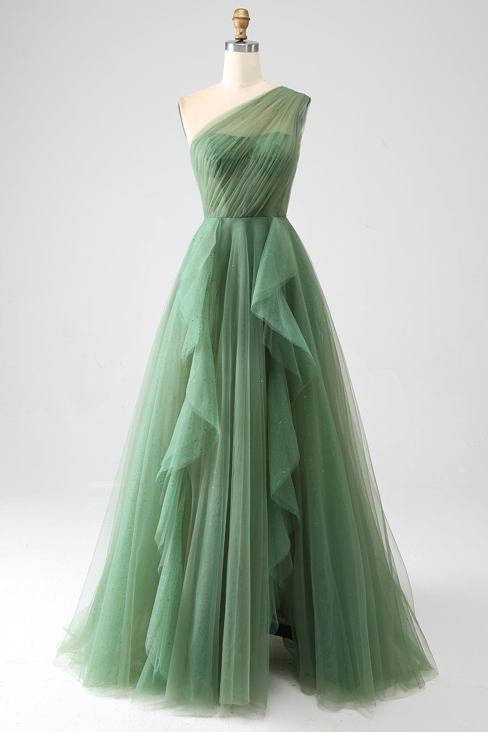 One shoulder tulle party dress, shining prom dress, custom green evening dress