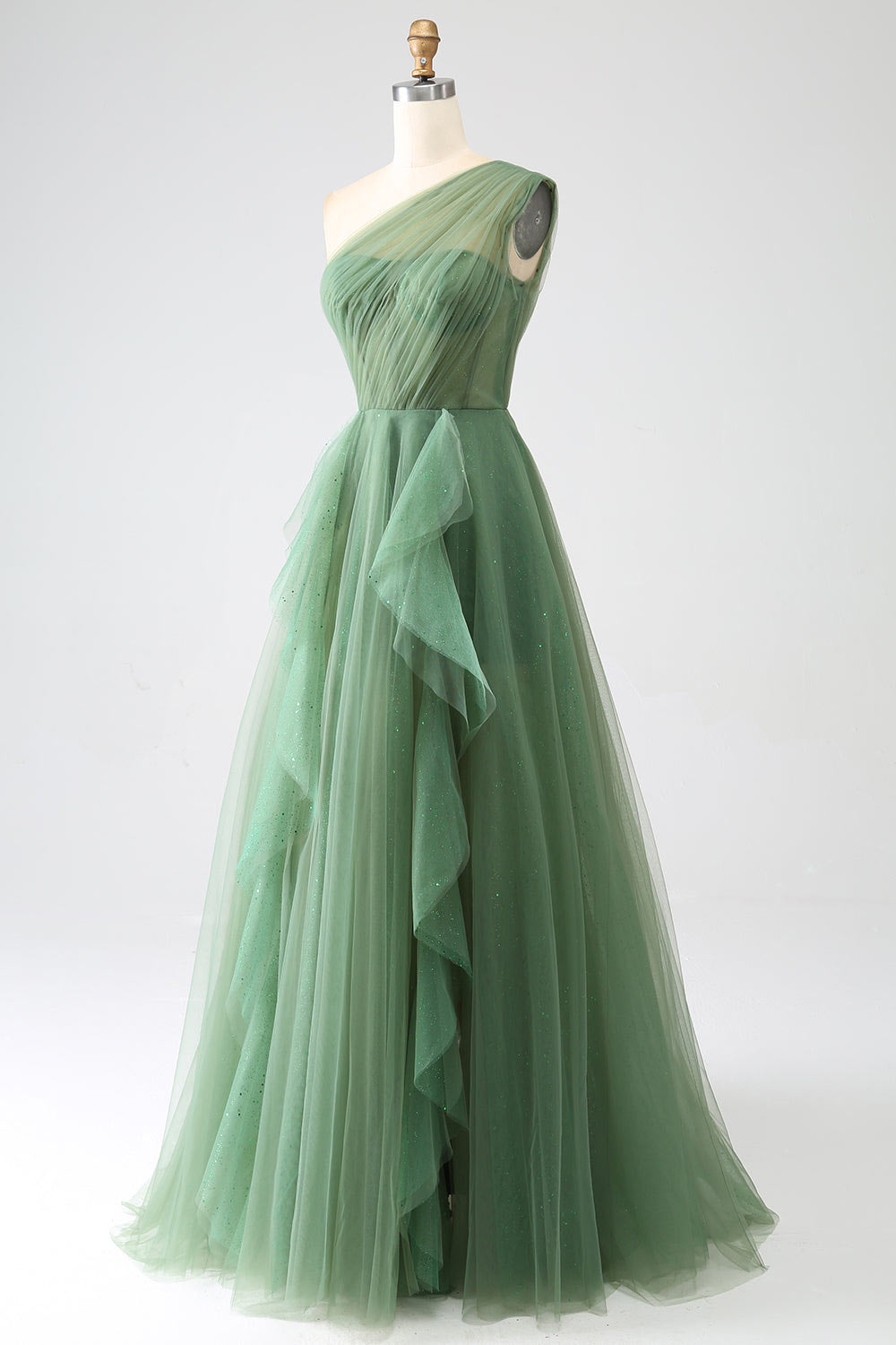 One shoulder tulle party dress, shining prom dress, custom green evening dress