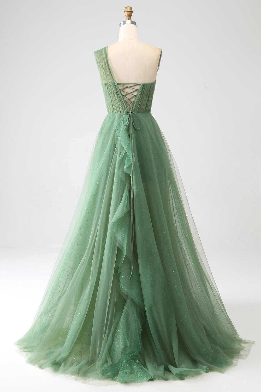 One shoulder tulle party dress, shining prom dress, custom green evening dress