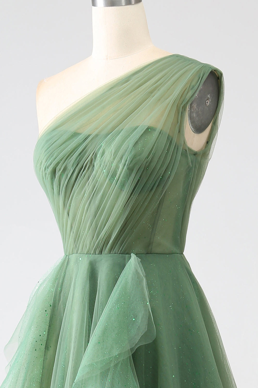 One shoulder tulle party dress, shining prom dress, custom green evening dress