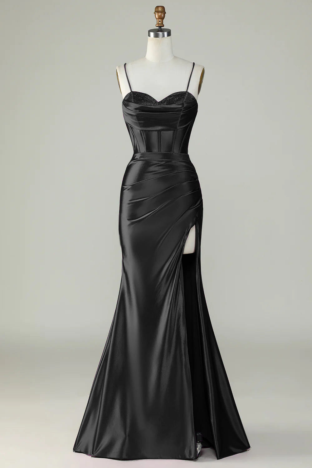 Slit satin prom dress, custom evening dress, spaghetti straps party dress