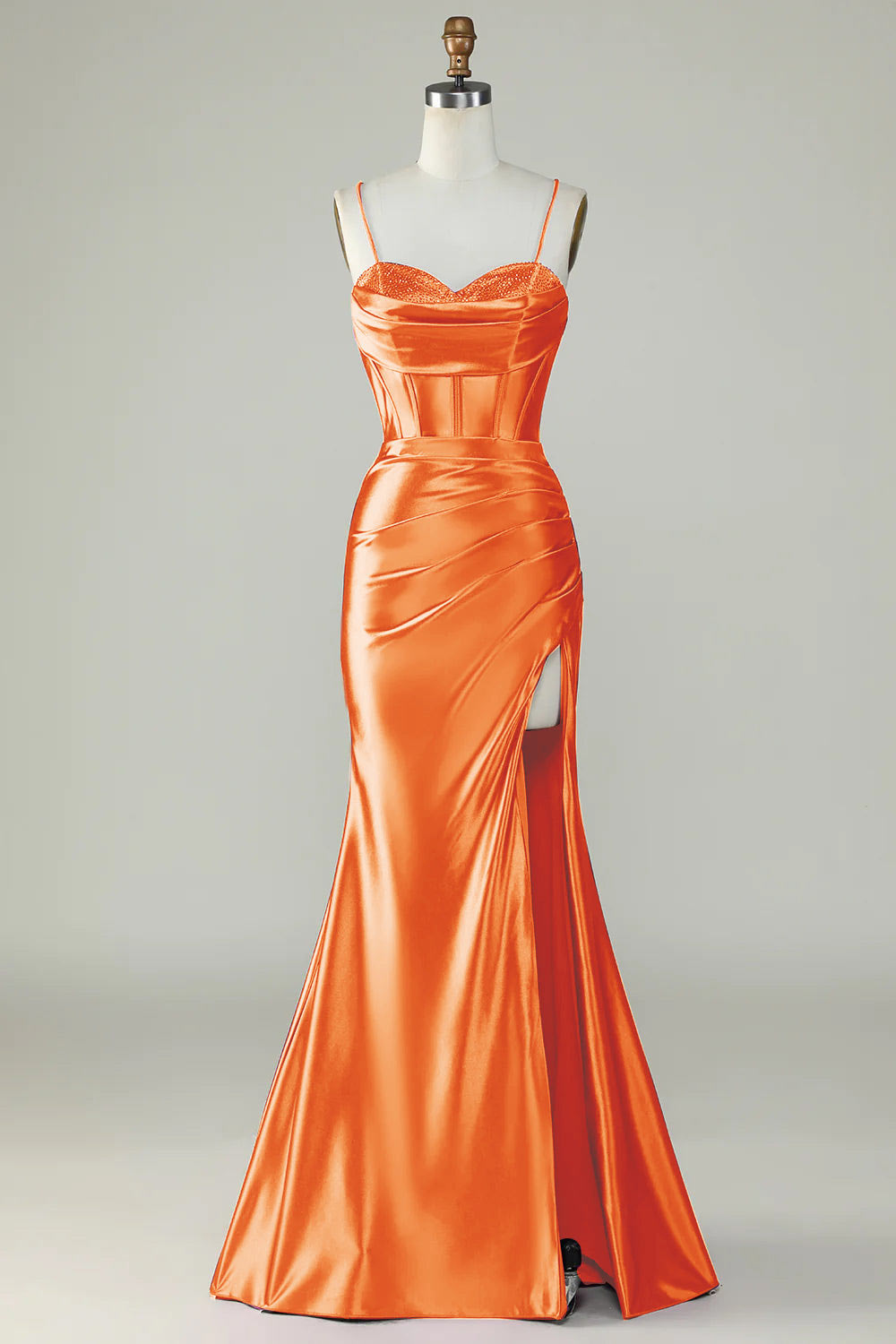 Slit satin prom dress, custom evening dress, spaghetti straps party dress