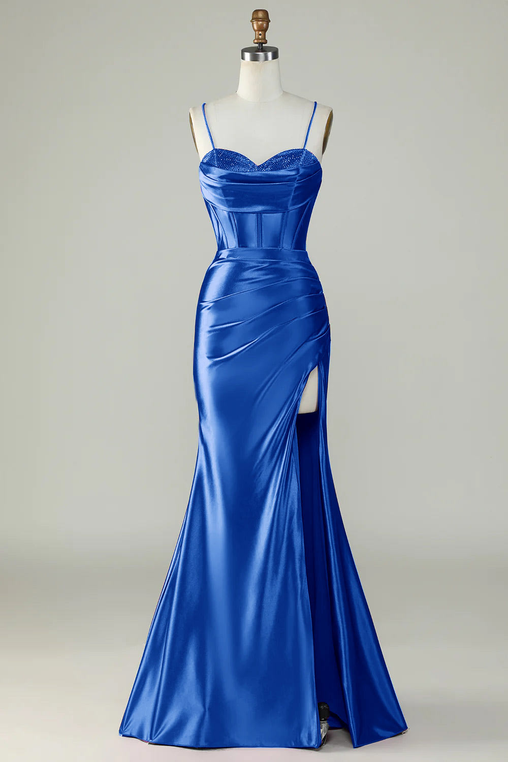 Slit satin prom dress, custom evening dress, spaghetti straps party dress