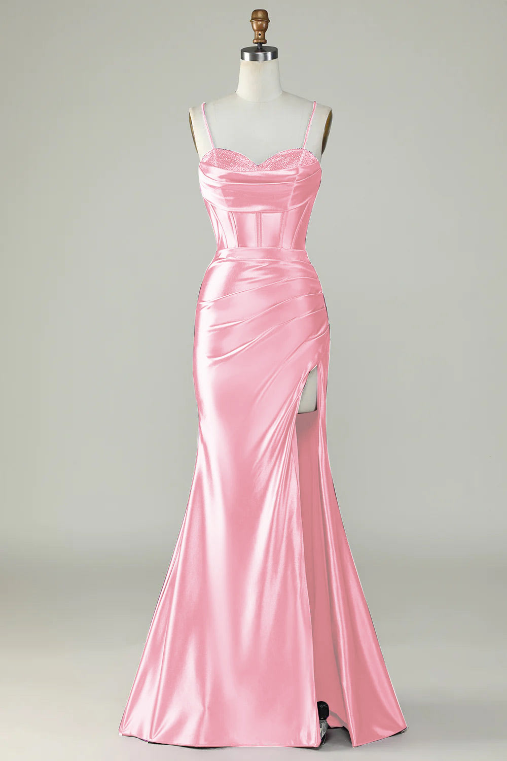 Slit satin prom dress, custom evening dress, spaghetti straps party dress