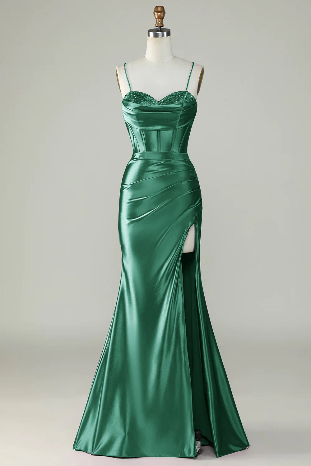 Slit satin prom dress, custom evening dress, spaghetti straps party dress