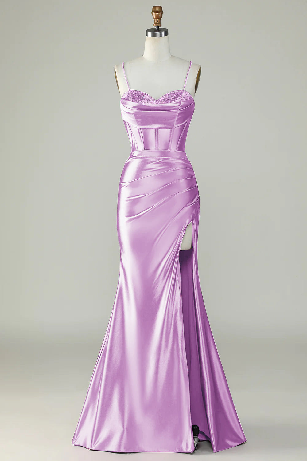 Slit satin prom dress, custom evening dress, spaghetti straps party dress